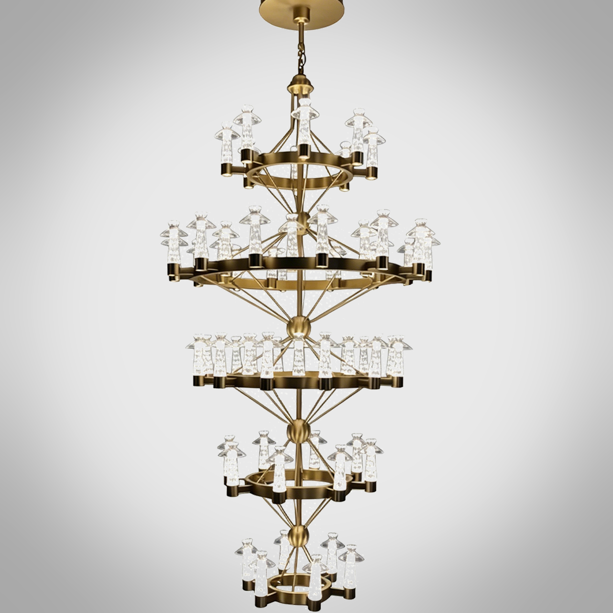 Grand multi-tiered stainless steel and crystal ring chandelier for high ceiling hotel lobby and villa staircase foyer