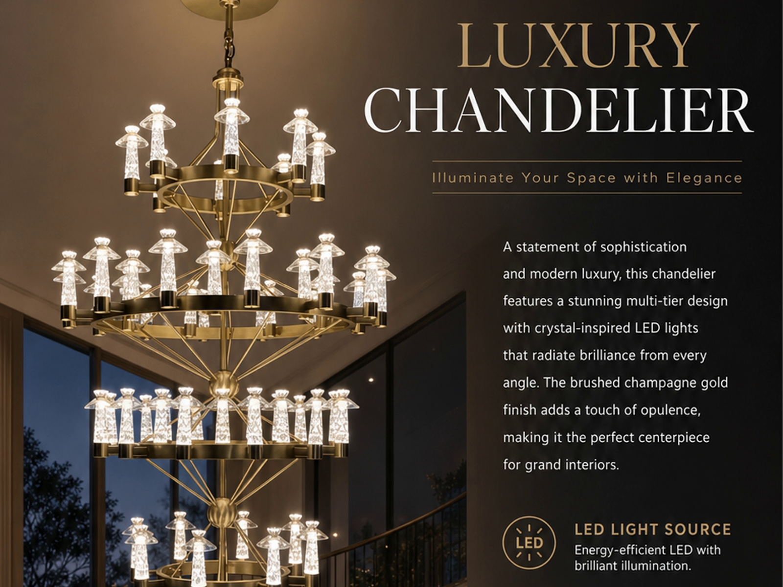 Grand multi-tiered stainless steel and crystal ring chandelier for high ceiling hotel lobby and villa staircase foyer