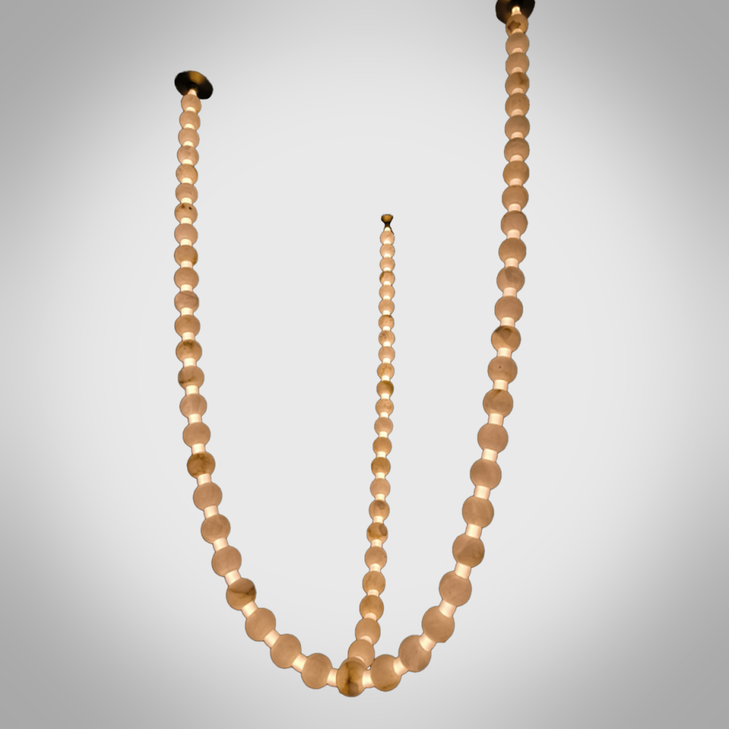 Glowing natural stone bead strand necklace chandelier with 3000K warm LED light for high ceiling living room