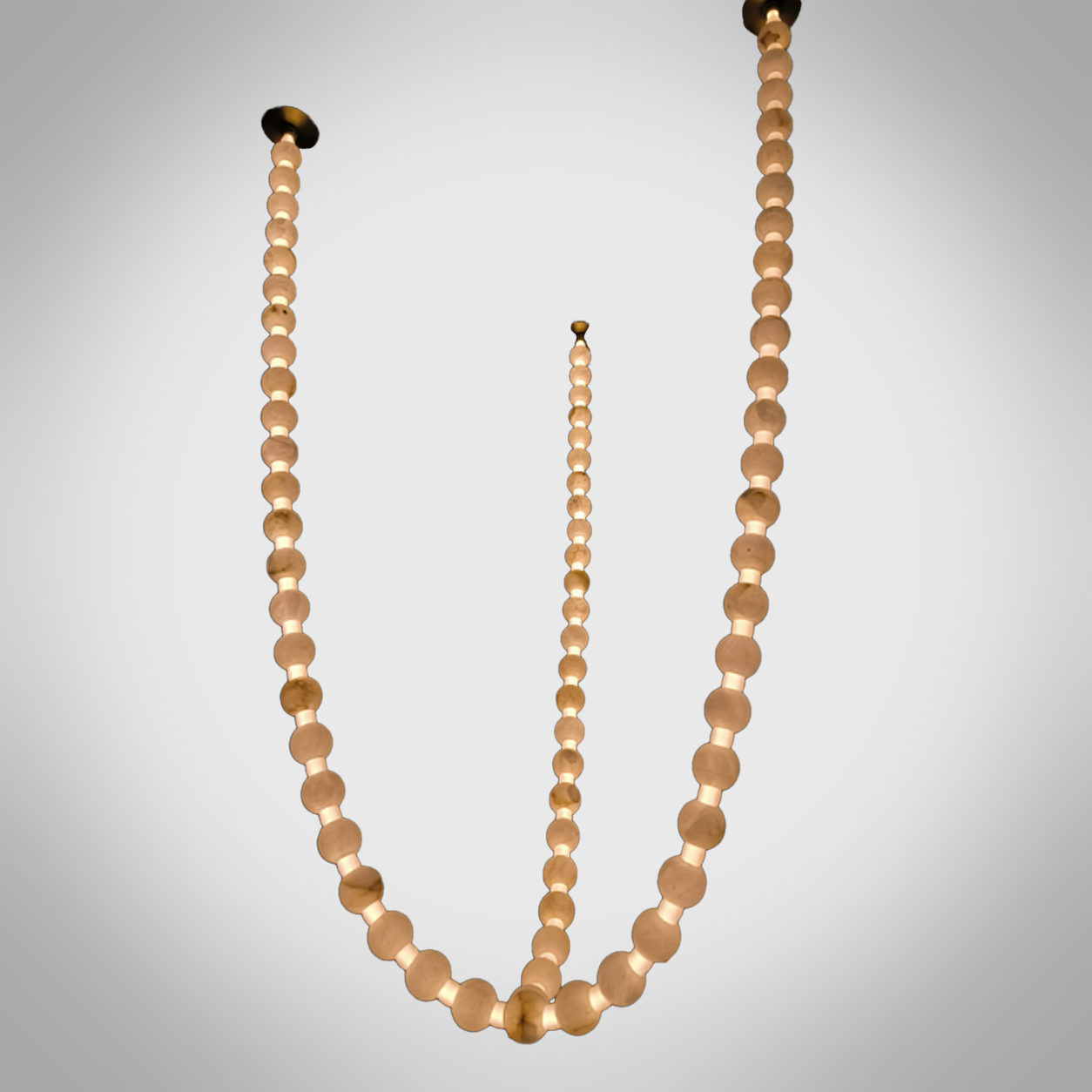Glowing natural stone bead strand necklace chandelier with 3000K warm LED light for high ceiling living room