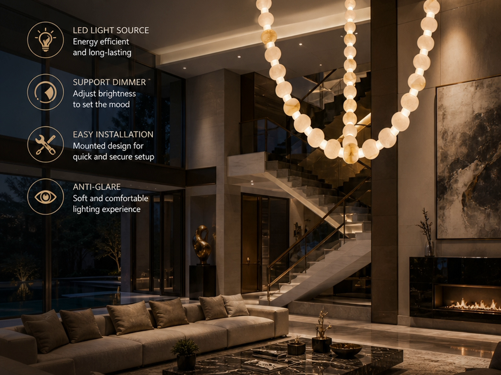 Glowing natural stone bead strand necklace chandelier with 3000K warm LED light for high ceiling living room
