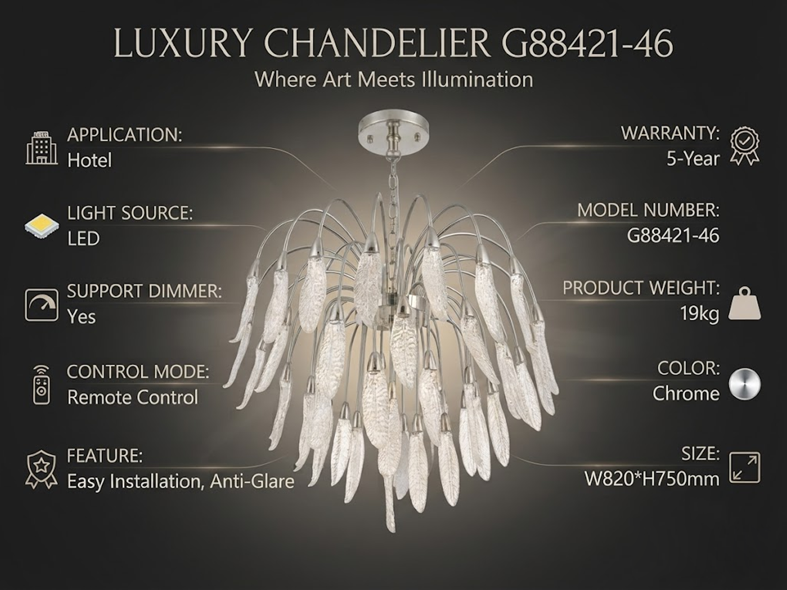 Illuminated optical acrylic cascade chandelier casting warm ambient light for high ceiling living room and foyer