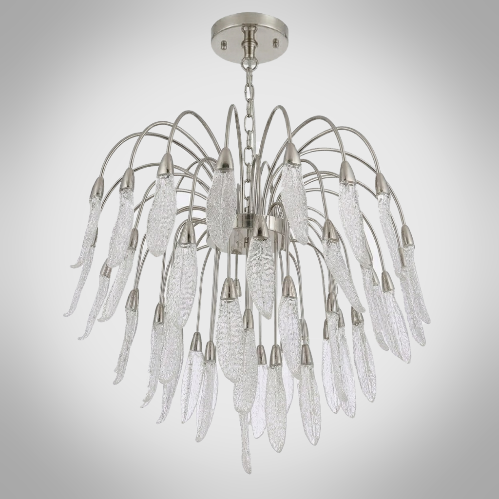 Illuminated optical acrylic cascade chandelier casting warm ambient light for high ceiling living room and foyer