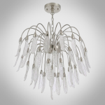 Illuminated optical acrylic cascade chandelier casting warm ambient light for high ceiling living room and foyer