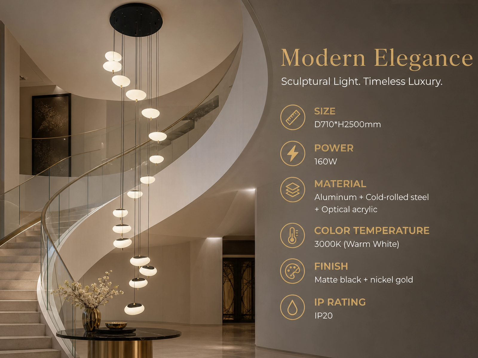 Modern spiral pebble optical acrylic staircase chandelier cascading down a high ceiling foyer