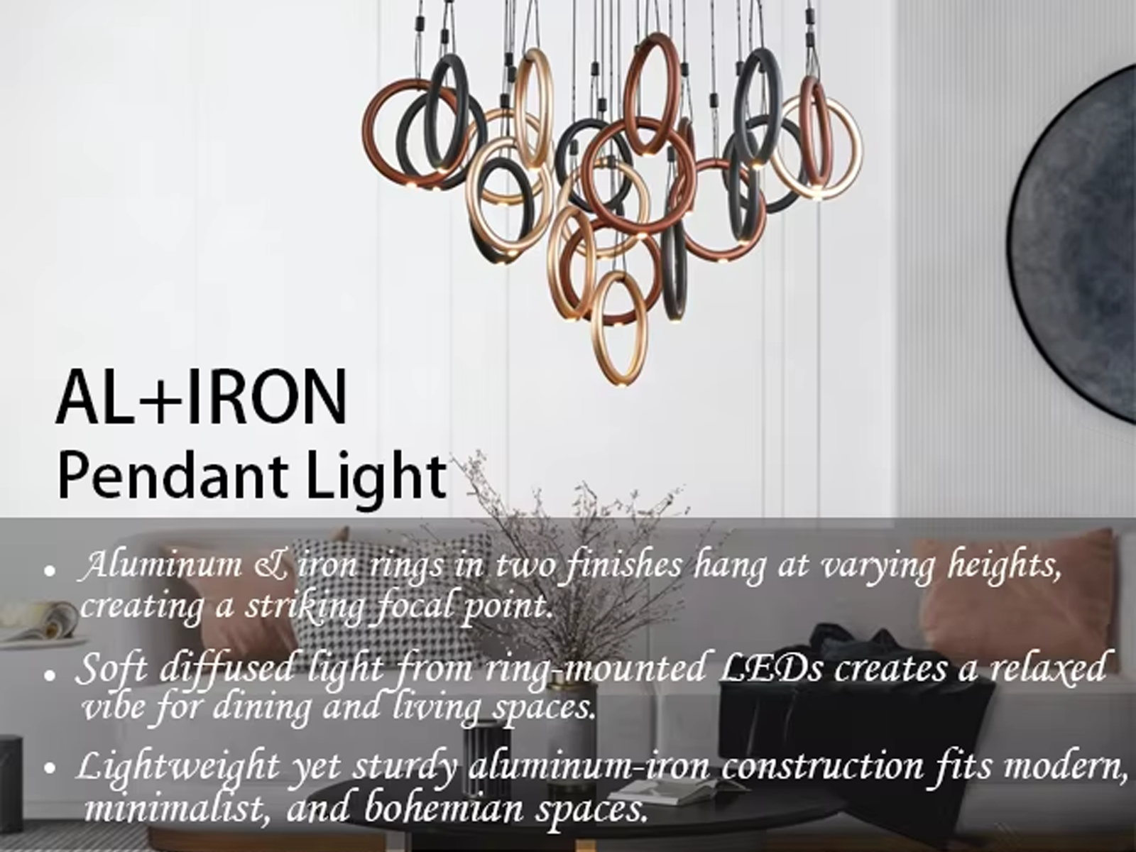 Modern multi-tone ring cascade chandelier with gold, bronze, and black hoops for high ceiling staircase and foyer