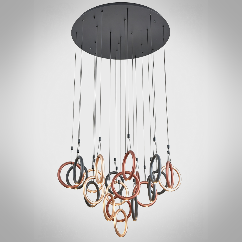 Modern multi-tone ring cascade chandelier with gold, bronze, and black hoops for high ceiling staircase and foyer