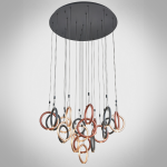 Modern multi-tone ring cascade chandelier with gold, bronze, and black hoops for high ceiling staircase and foyer