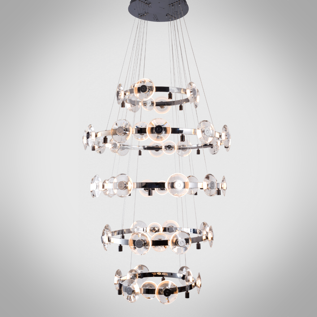 Illuminated multi-tier chrome ring crystal lens disc chandelier for high ceiling foyer and luxury staircase