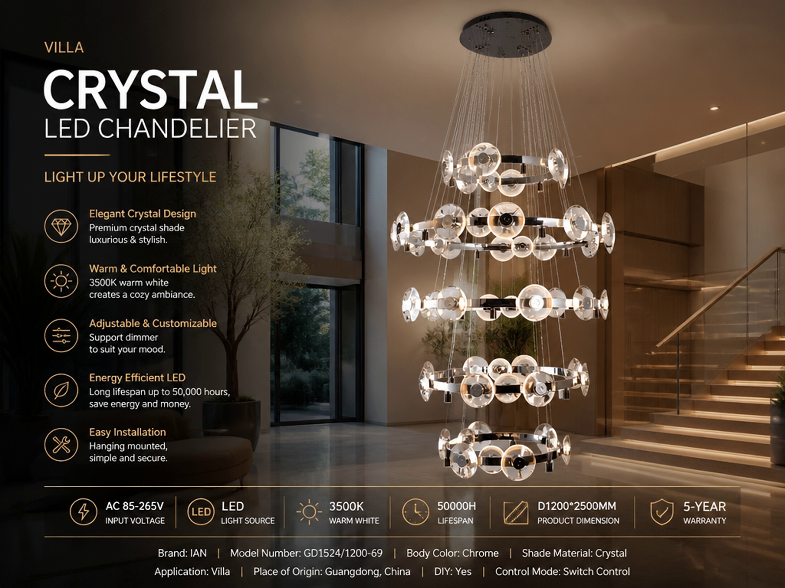 Illuminated multi-tier chrome ring crystal lens disc chandelier for high ceiling foyer and luxury staircase