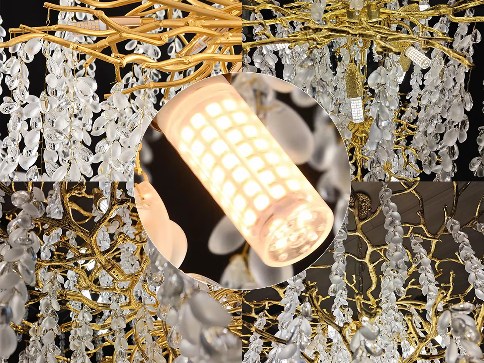 Close-up of golden textured cast aluminum branches with clear and frosted wisteria crystal drops on a luxury chandelier