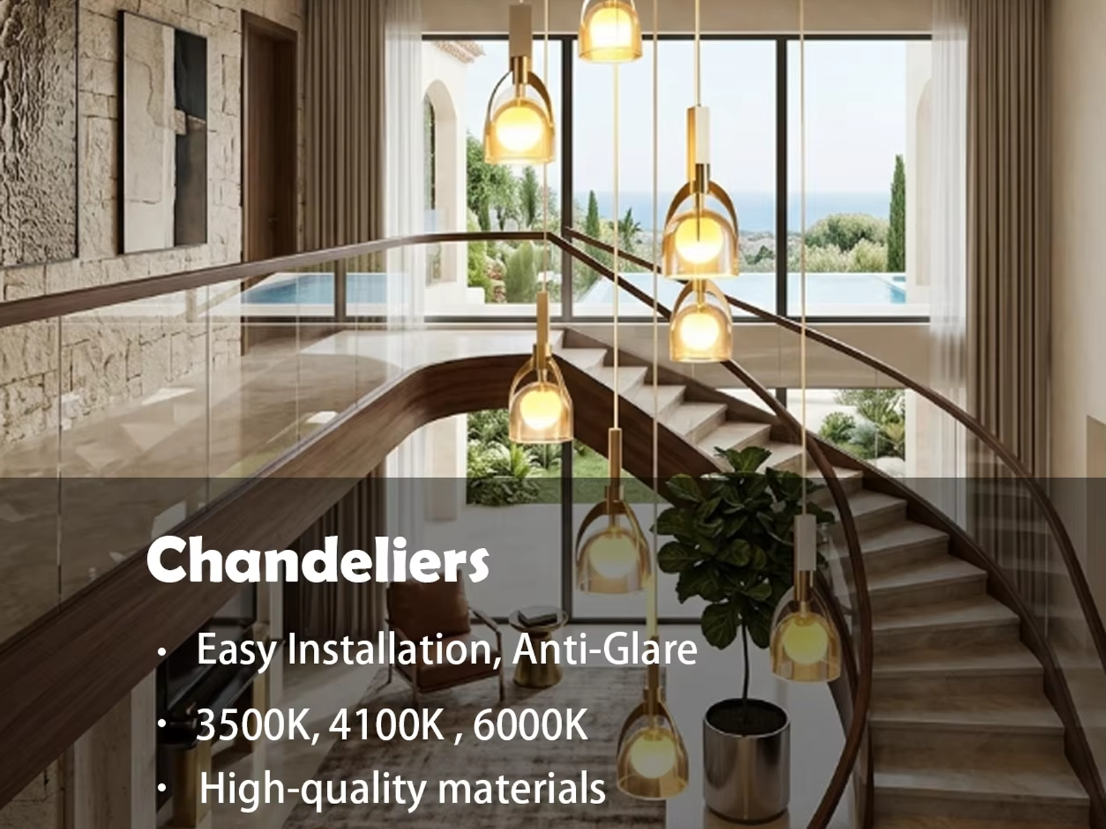 Modern spiral cascade glass and marble pendant light with brushed brown semi-matte oil stainless steel finish for high ceiling stairwells