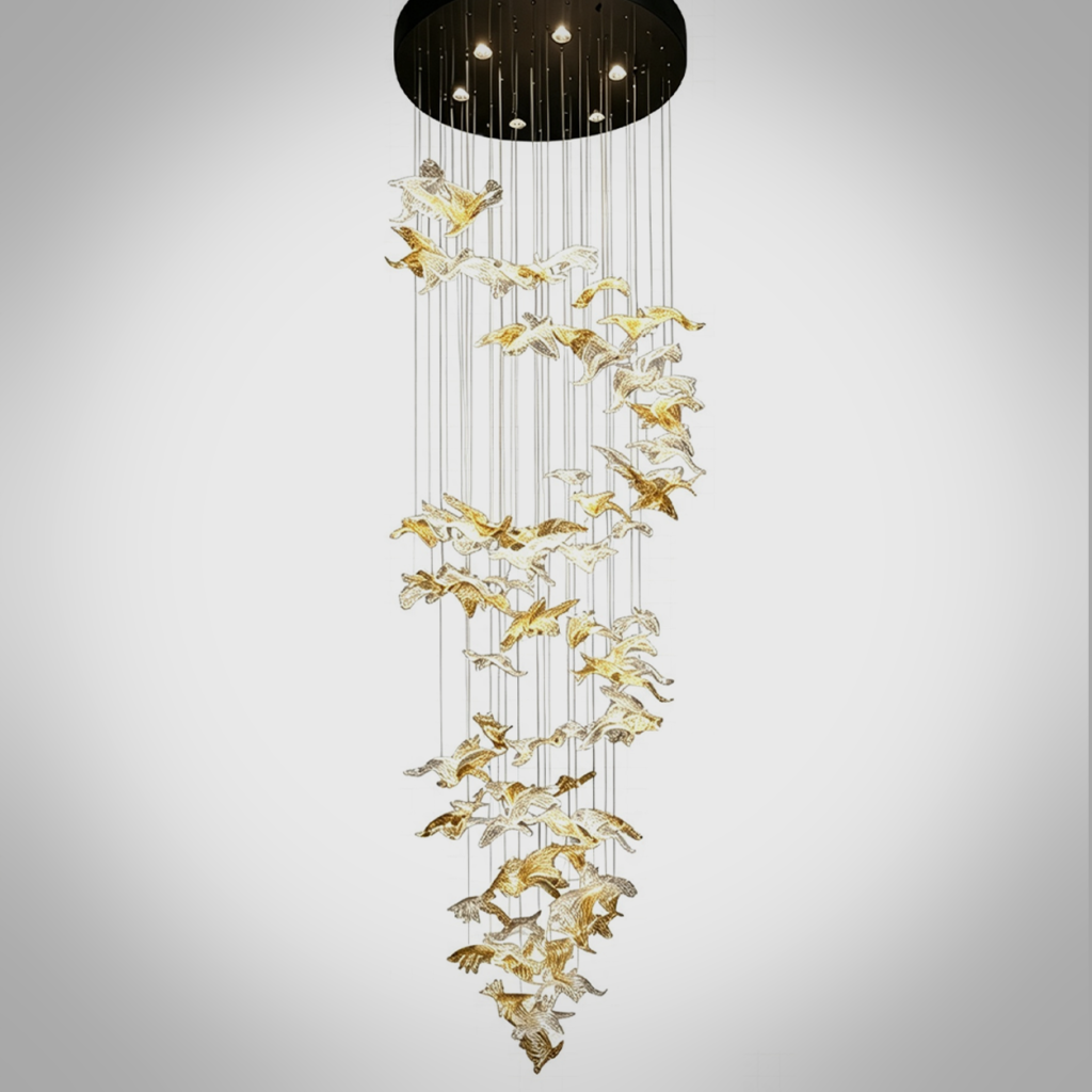 Tall spiral stainless steel and flying bird crystal cascade chandelier installed in a high-ceiling duplex villa stairwell