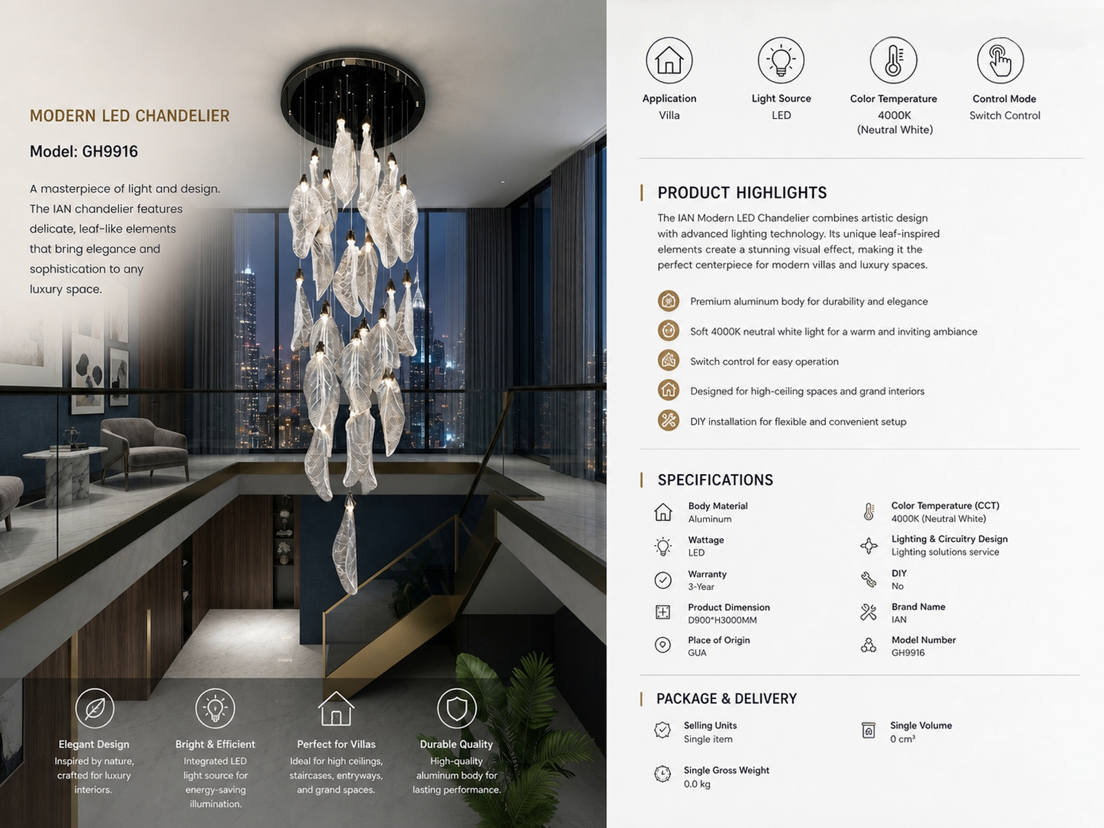 Tall stainless steel and textured acrylic leaf cascade chandelier suspended in a high-ceiling stairwell void