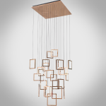 Modern rose gold stainless steel square frame cascade chandelier with mirror canopy suspended in a high ceiling foyer