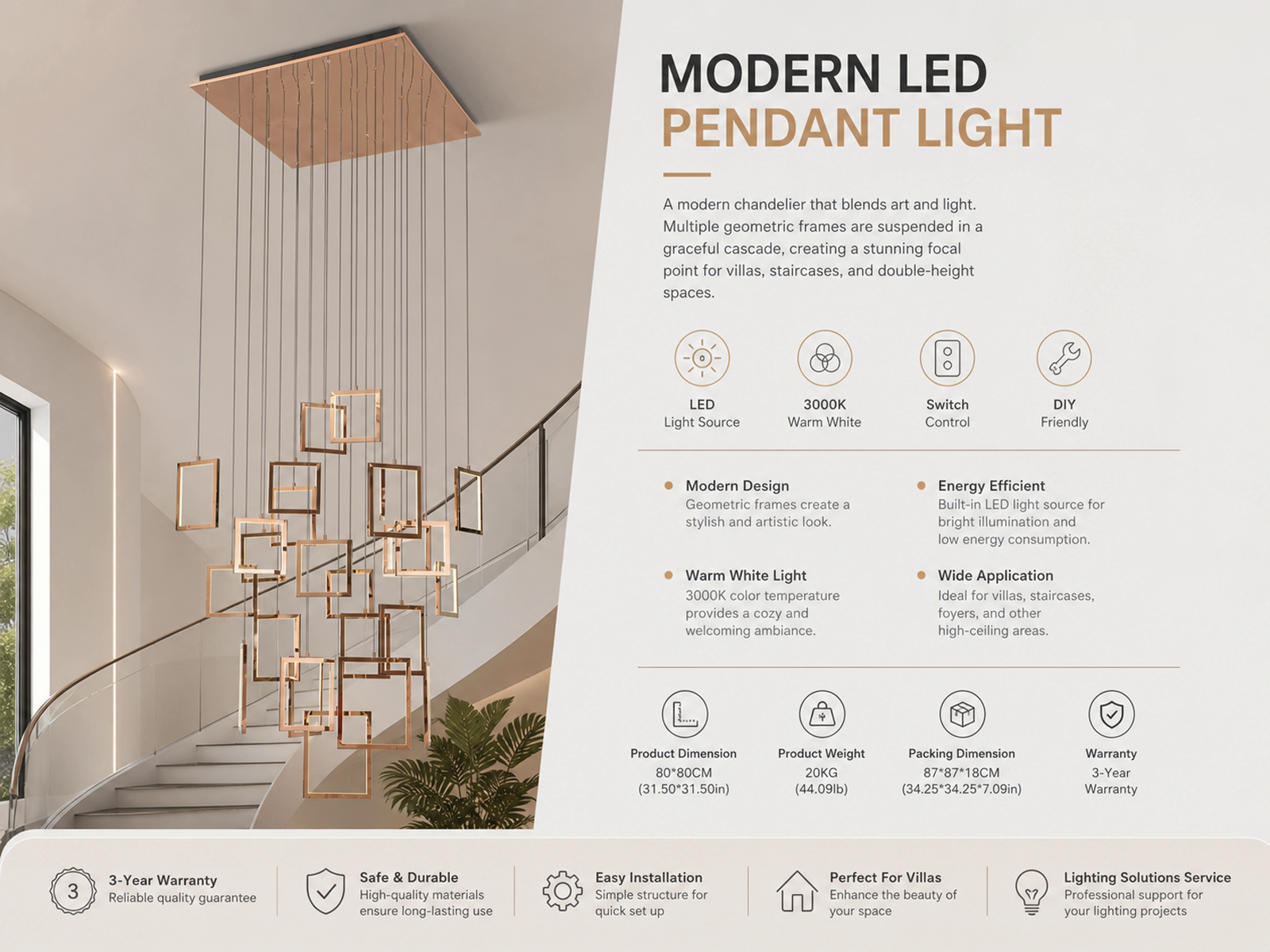 Modern rose gold stainless steel square frame cascade chandelier with mirror canopy suspended in a high ceiling foyer