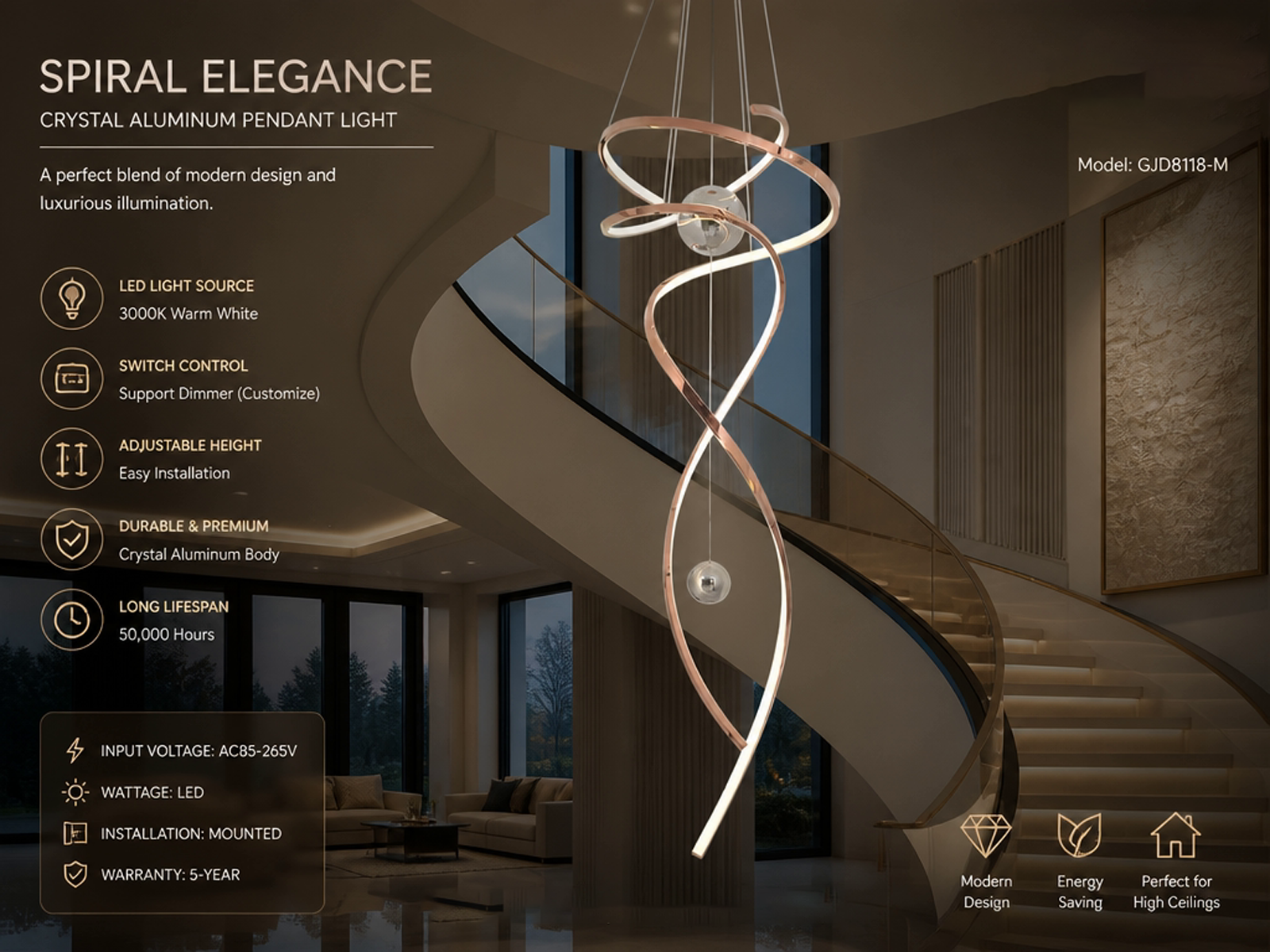 Modern rose gold stainless steel helical helix LED wave pendant light with floating orb spheres suspended in a high ceiling foyer