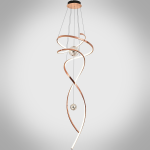 Modern rose gold stainless steel helical helix LED wave pendant light with floating orb spheres suspended in a high ceiling foyer