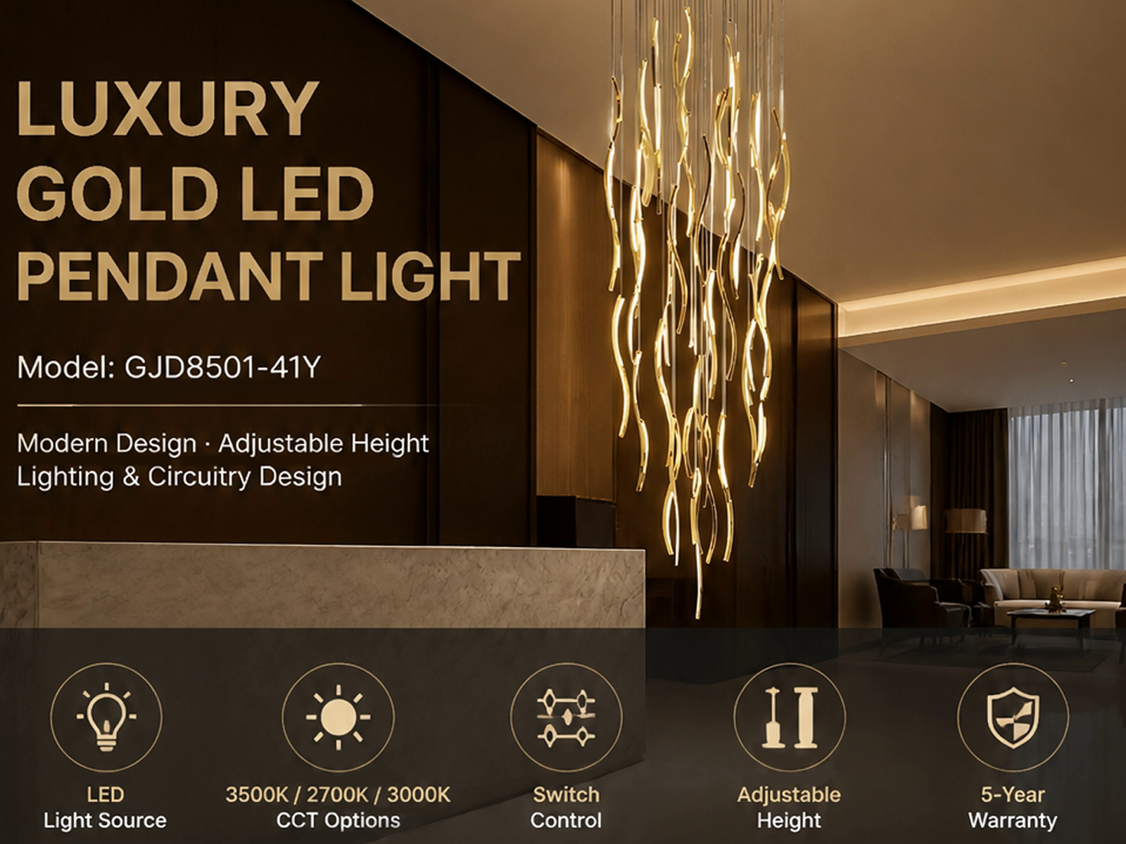 Modern gold polished stainless steel wave streamer raindrop chandelier suspended in a high ceiling villa foyer