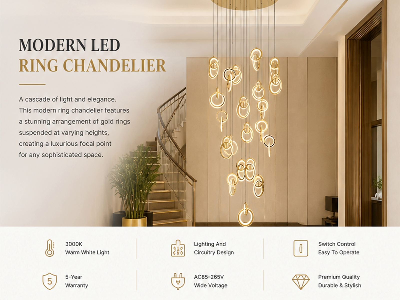 Modern gold stainless steel interlocking ring cascade chandelier suspended in a high ceiling villa foyer