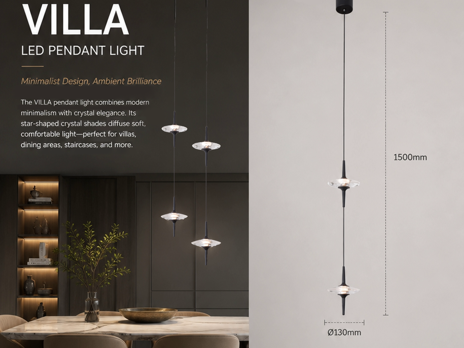 Two staggered black aluminum ufo crystal pendant lights hanging gracefully over a modern wooden dining table
