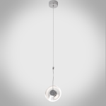 Modern minimalist pendant light featuring a clear crystal disc and polished chrome aluminum core, suspended against a clean white background.