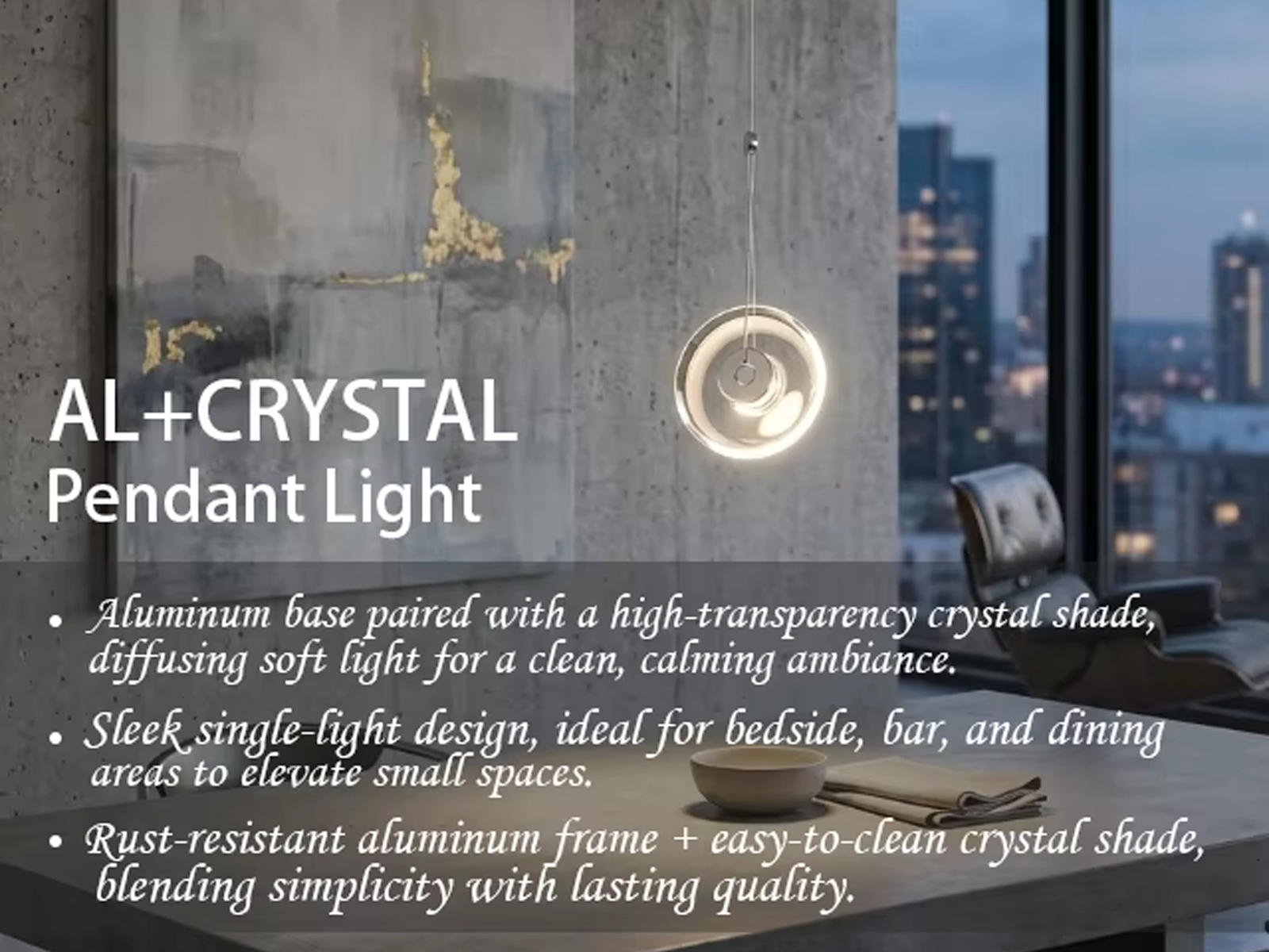 Modern minimalist pendant light featuring a clear crystal disc and polished chrome aluminum core, suspended against a clean white background.