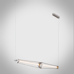 Architectural linear chandelier featuring brushed stainless steel frame, aluminum core, and fluted crystal tube hanging on stainless steel cables