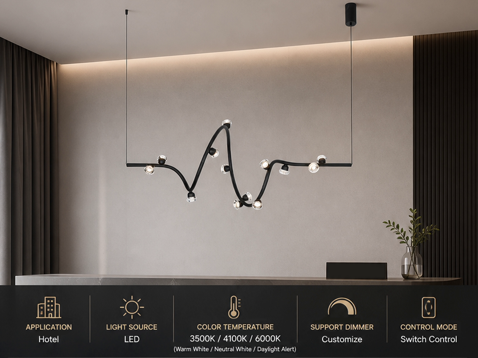 Modern soundwave wavy pendant light made of black iron, aluminum, and crystal hanging gracefully against a neutral wall