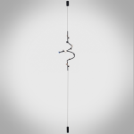 Modern vertical spiral cable chandelier suspended next to a luxury sofa in a contemporary living room with iron and aluminum construction