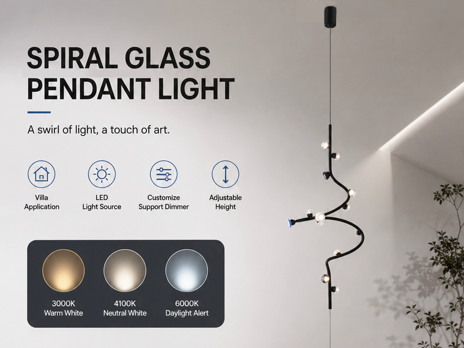 Floor-to-ceiling spiral chandelier with black iron and aluminum frame projecting floral ripple light shadows through crystal lenses onto a neutral wall