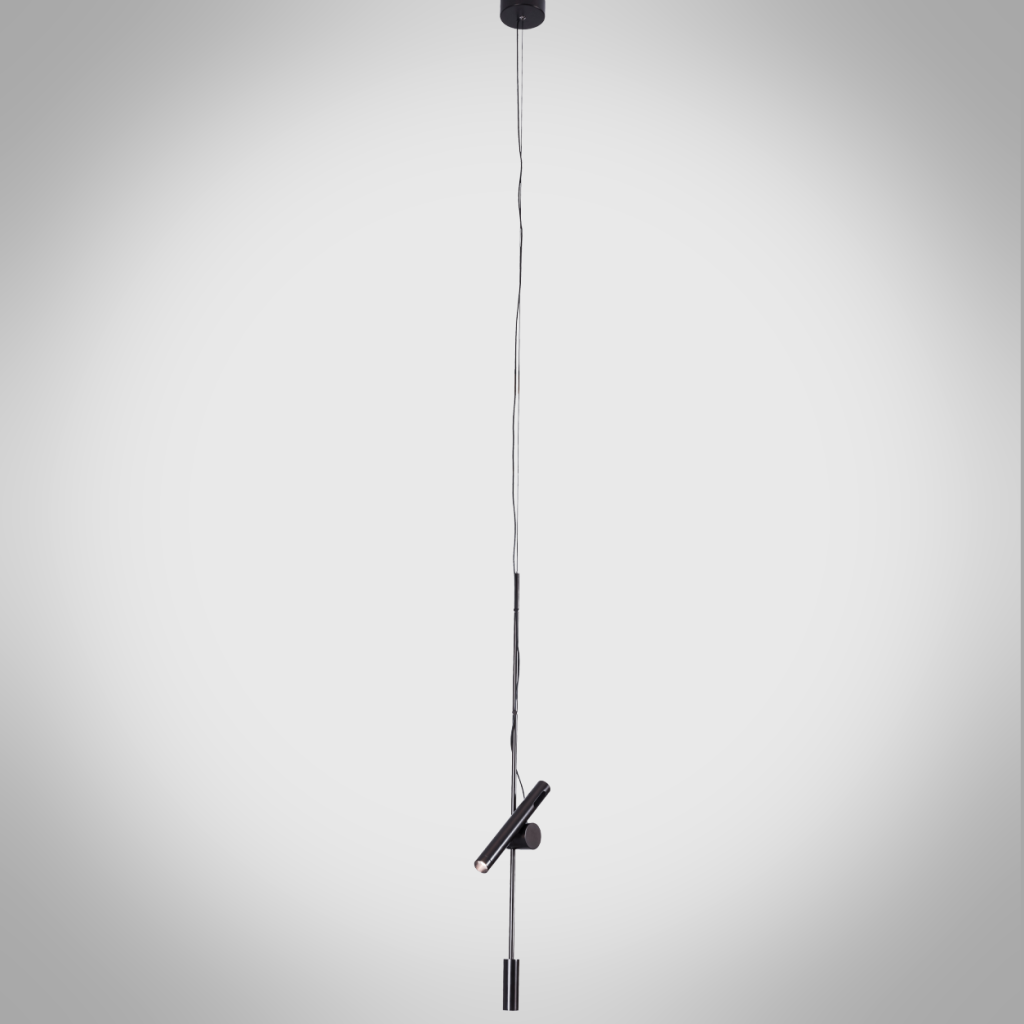 Minimalist adjustable iron rod pendant light with aluminum spotlight tube suspended vertically against a light grey background