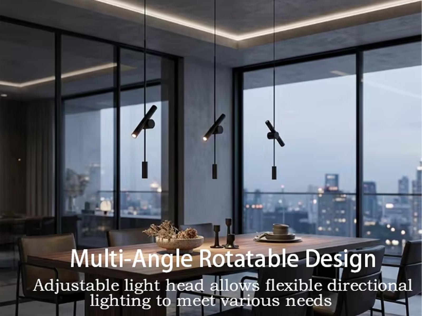 Minimalist adjustable iron rod pendant light with aluminum spotlight tube suspended vertically against a light grey background