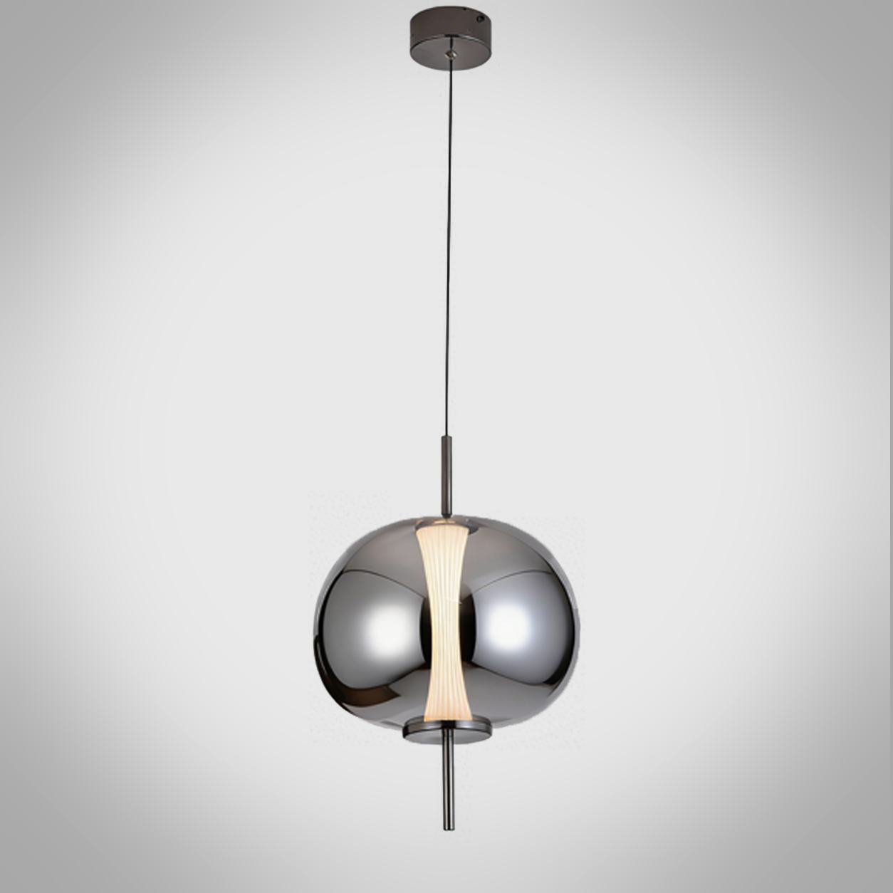 Electroplated smoke mirror glass globe pendant light with gunmetal iron central rod hanging against a neutral background