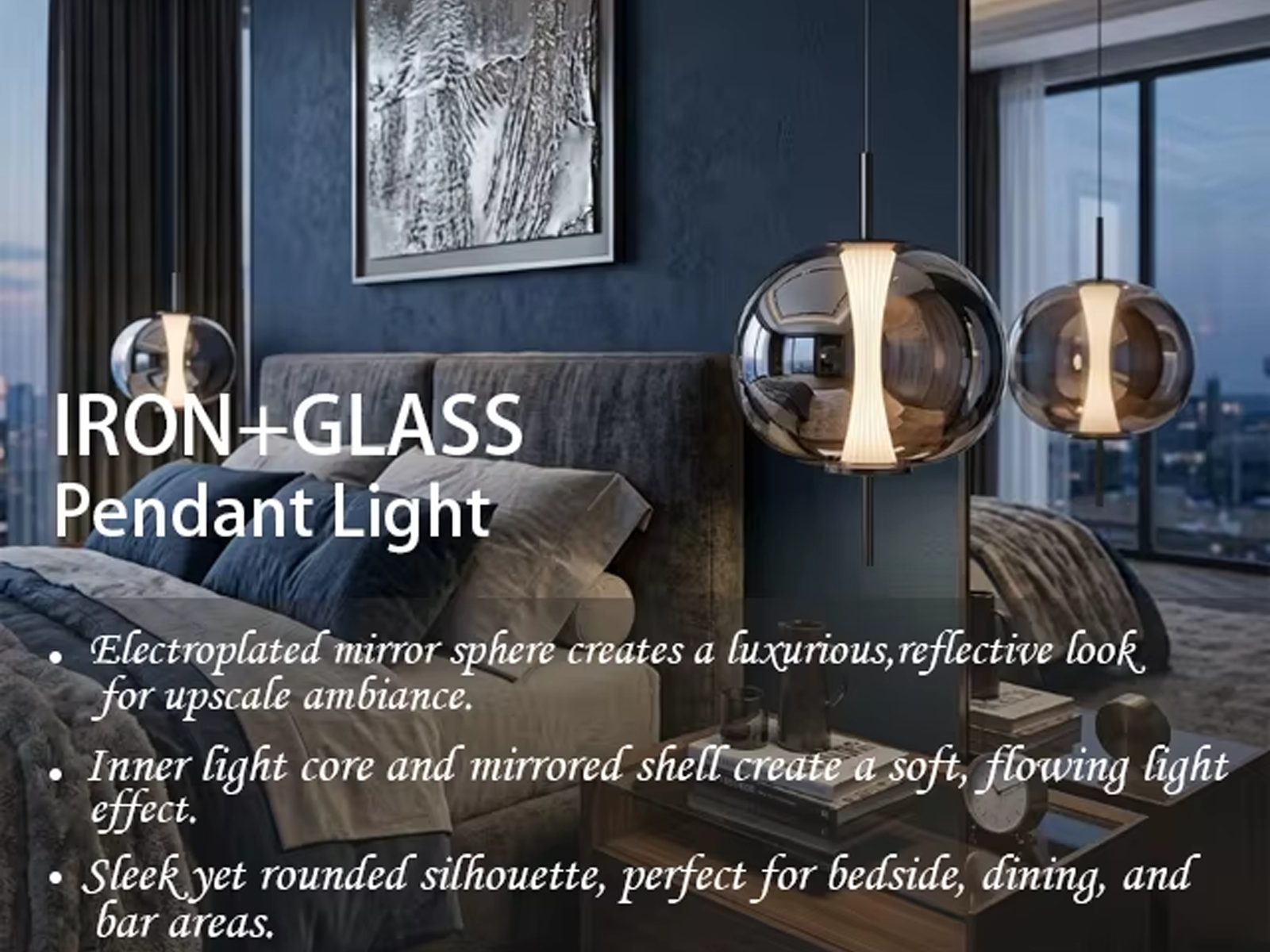 Electroplated smoke mirror glass globe pendant light with gunmetal iron central rod hanging against a neutral background