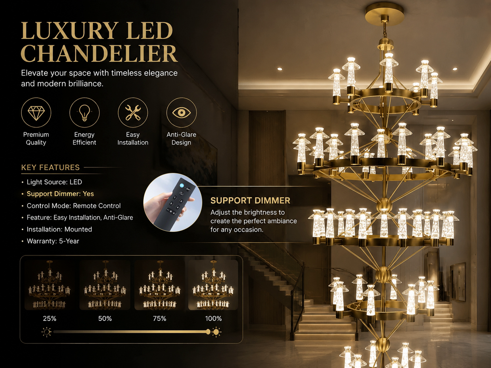 Grand multi-tiered stainless steel and crystal ring chandelier for high ceiling hotel lobby and villa staircase foyer