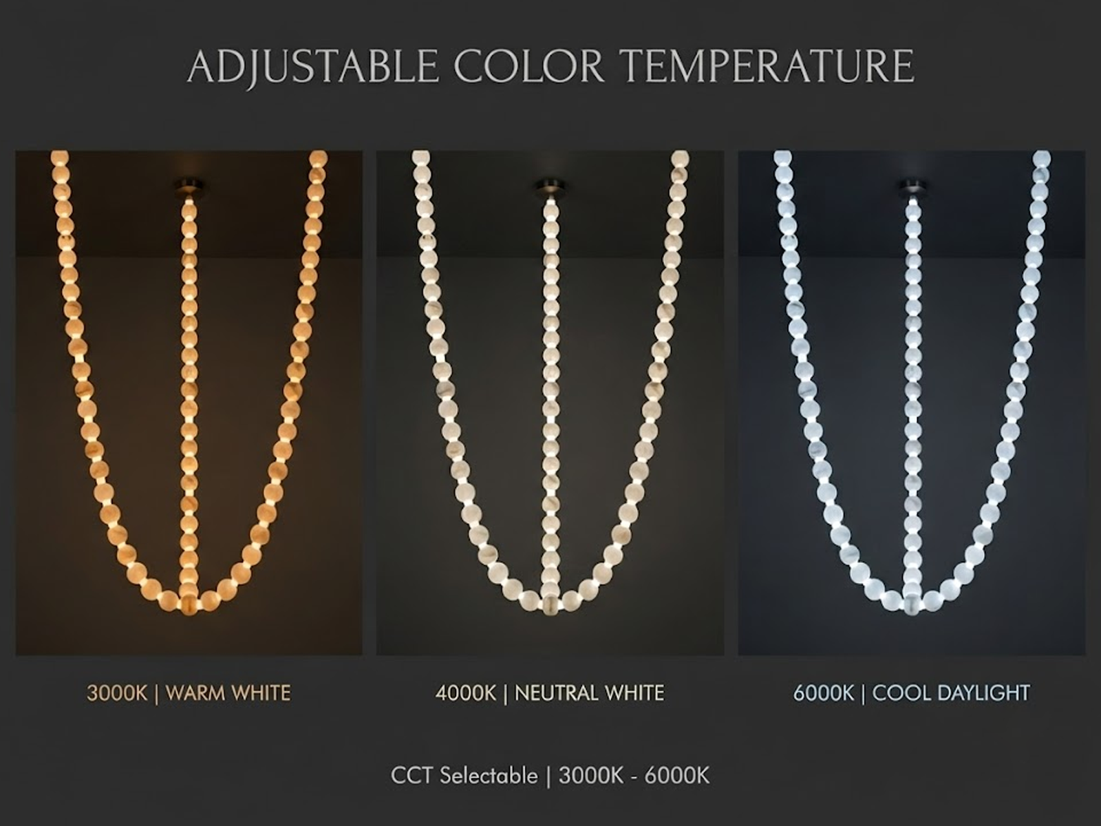 Glowing natural stone bead strand necklace chandelier with 3000K warm LED light for high ceiling living room