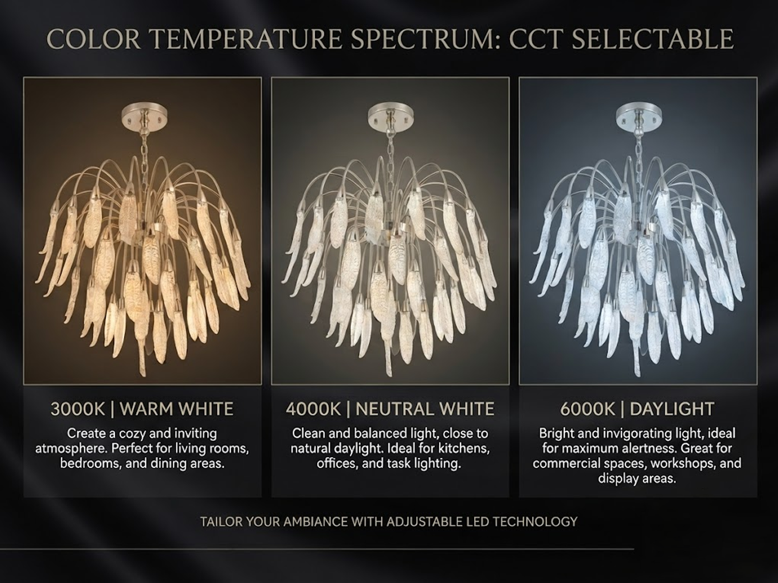 Illuminated optical acrylic cascade chandelier casting warm ambient light for high ceiling living room and foyer