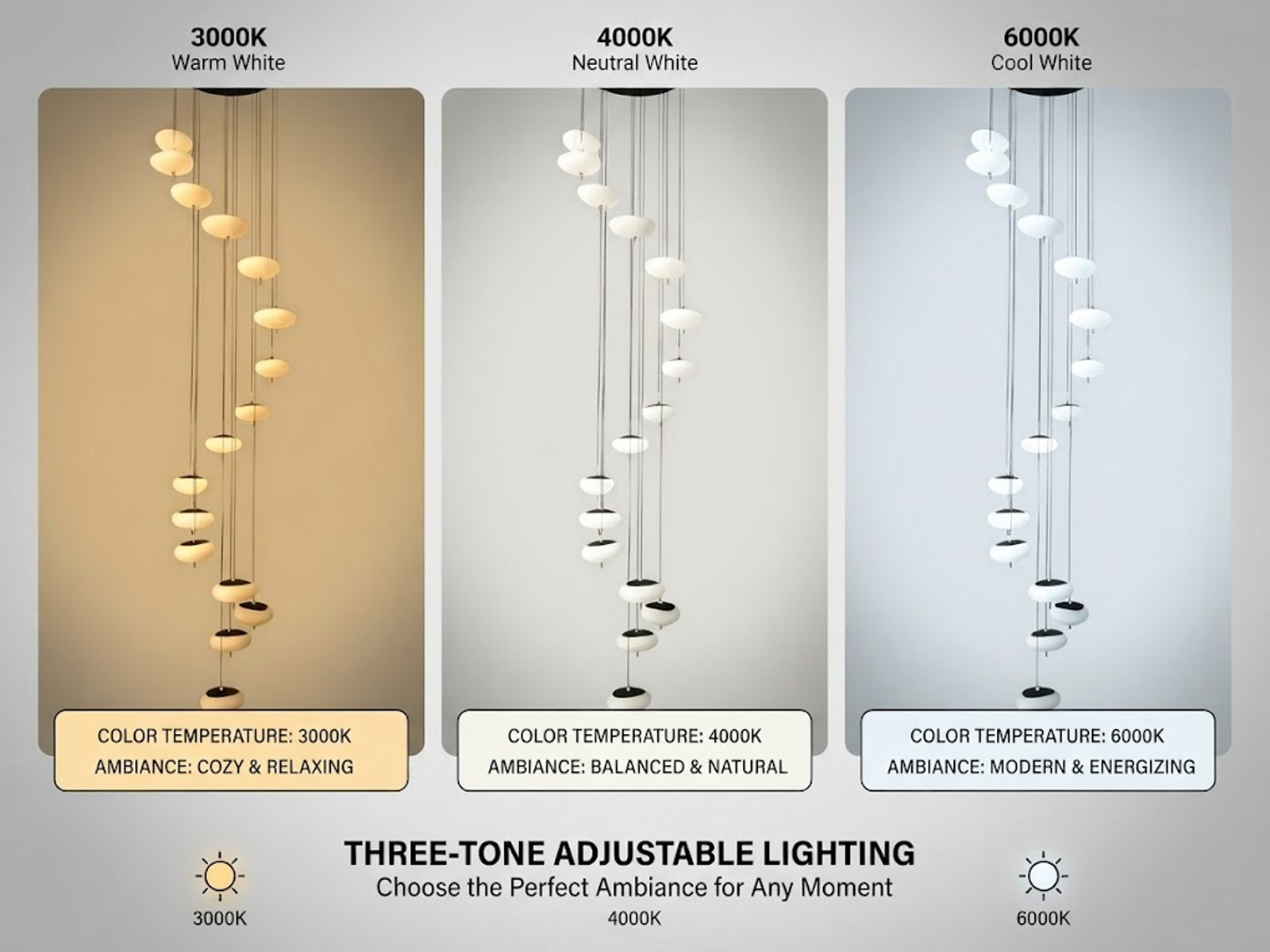 Modern spiral pebble optical acrylic staircase chandelier cascading down a high ceiling foyer