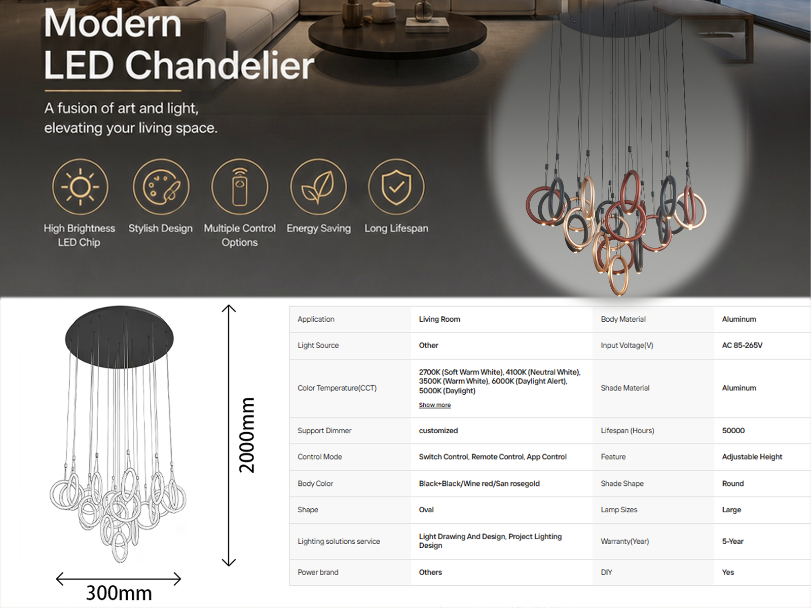 Modern multi-tone ring cascade chandelier with gold, bronze, and black hoops for high ceiling staircase and foyer