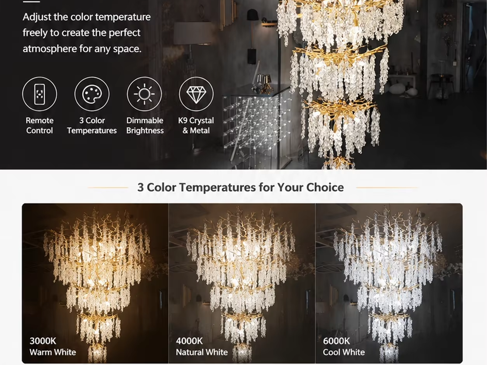 Grand cascading aluminum branch crystal chandelier installed in a double-height villa living room and foyer