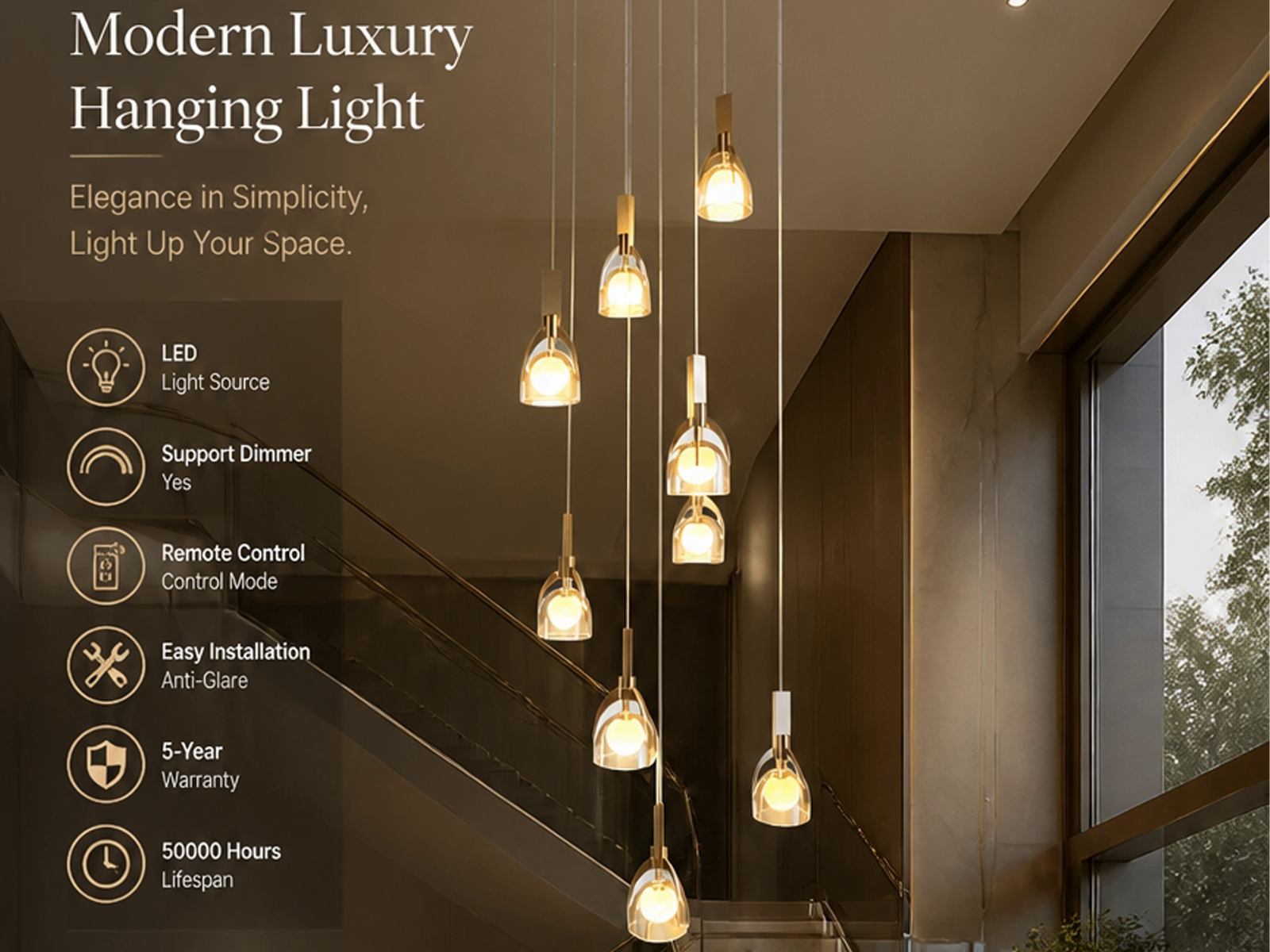 Modern spiral cascade glass and marble pendant light with brushed brown semi-matte oil stainless steel finish for high ceiling stairwells