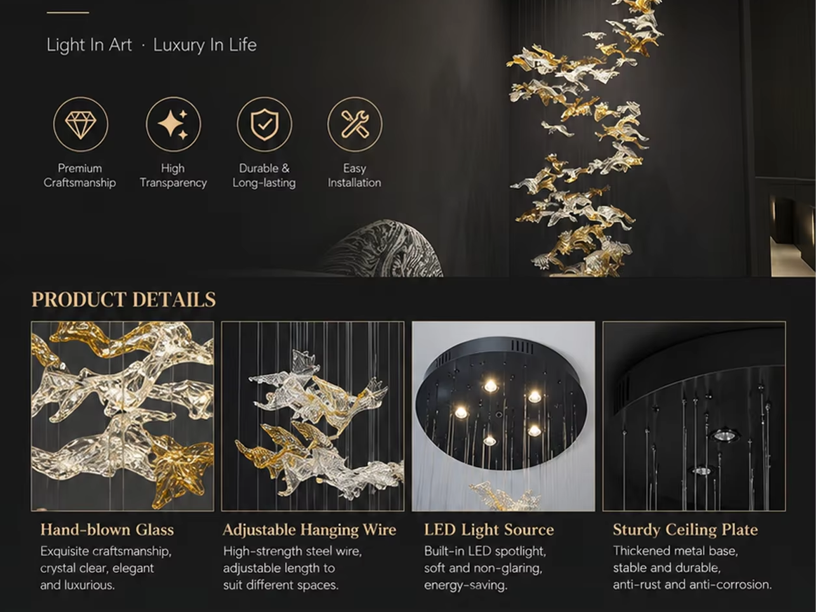 Close-up of wave-textured clear and gold foil crystal bird blades on a luxury pendant chandelier