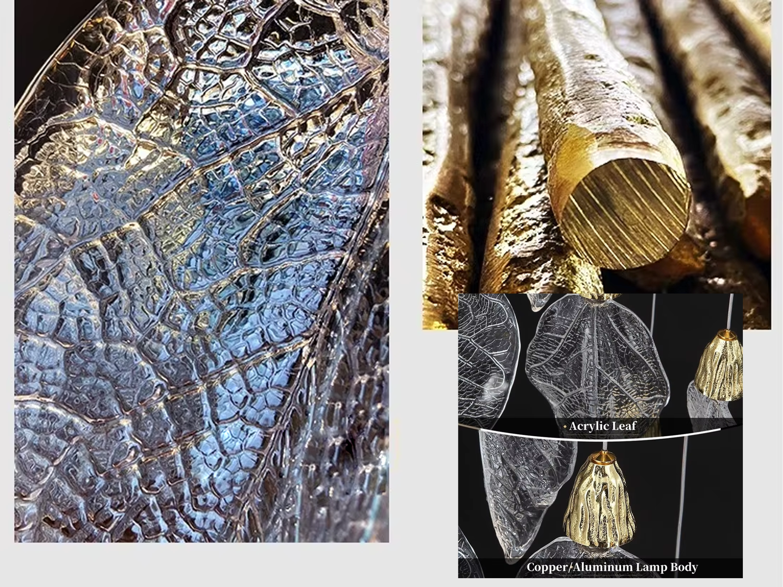 Close-up of sculpted optical acrylic leaf blade showing realistic leaf vein textures and flower-bud cap light source on a luxury chandelier