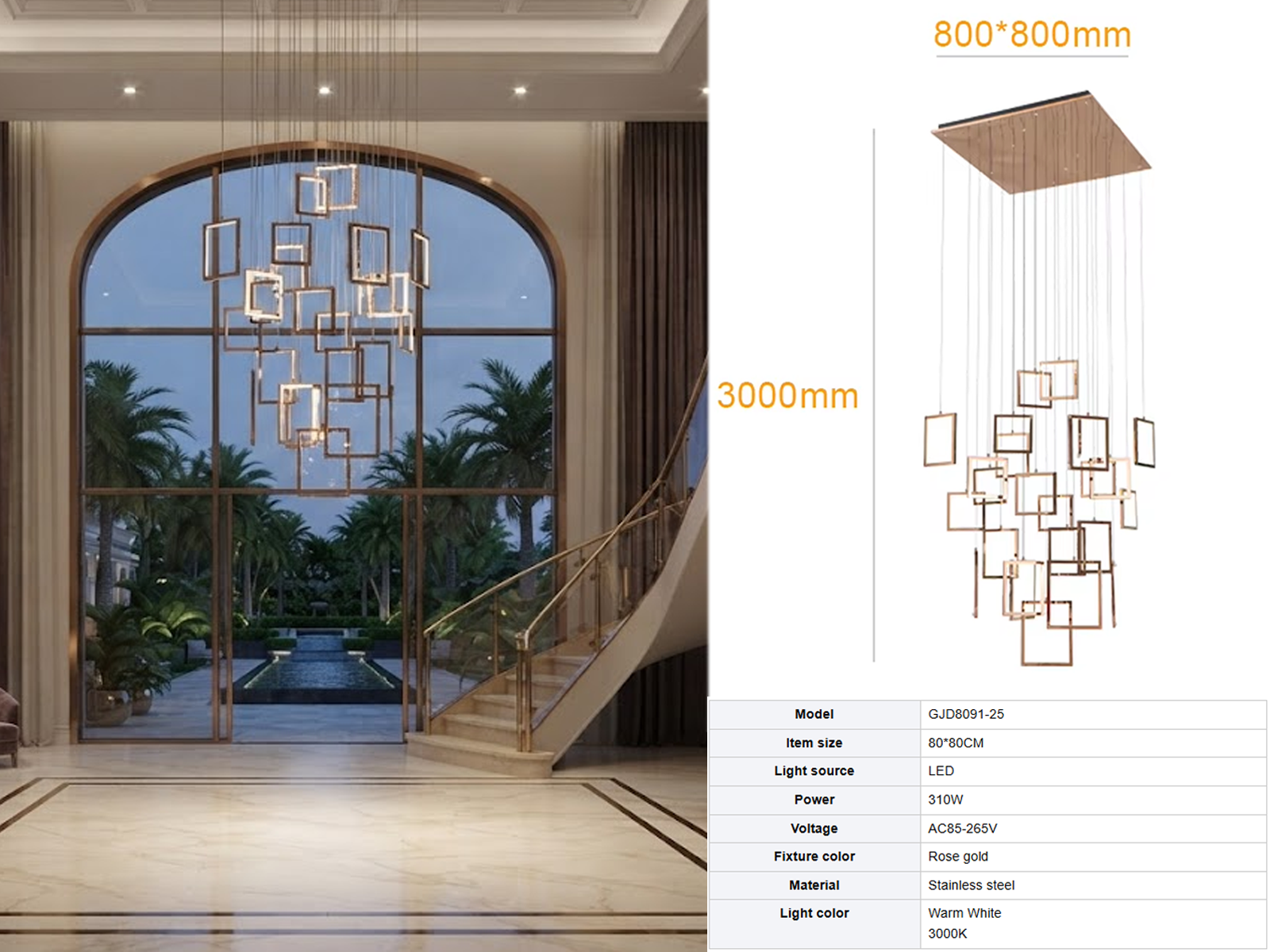 Modern rose gold stainless steel square frame cascade chandelier with mirror canopy suspended in a high ceiling foyer