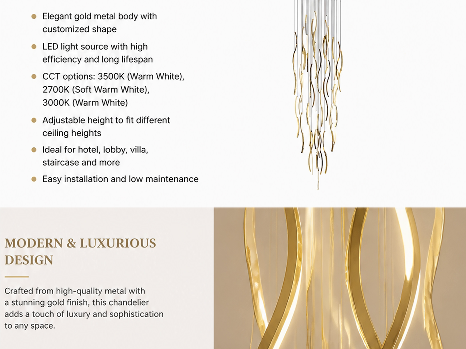 Modern gold polished stainless steel wave streamer raindrop chandelier suspended in a high ceiling villa foyer