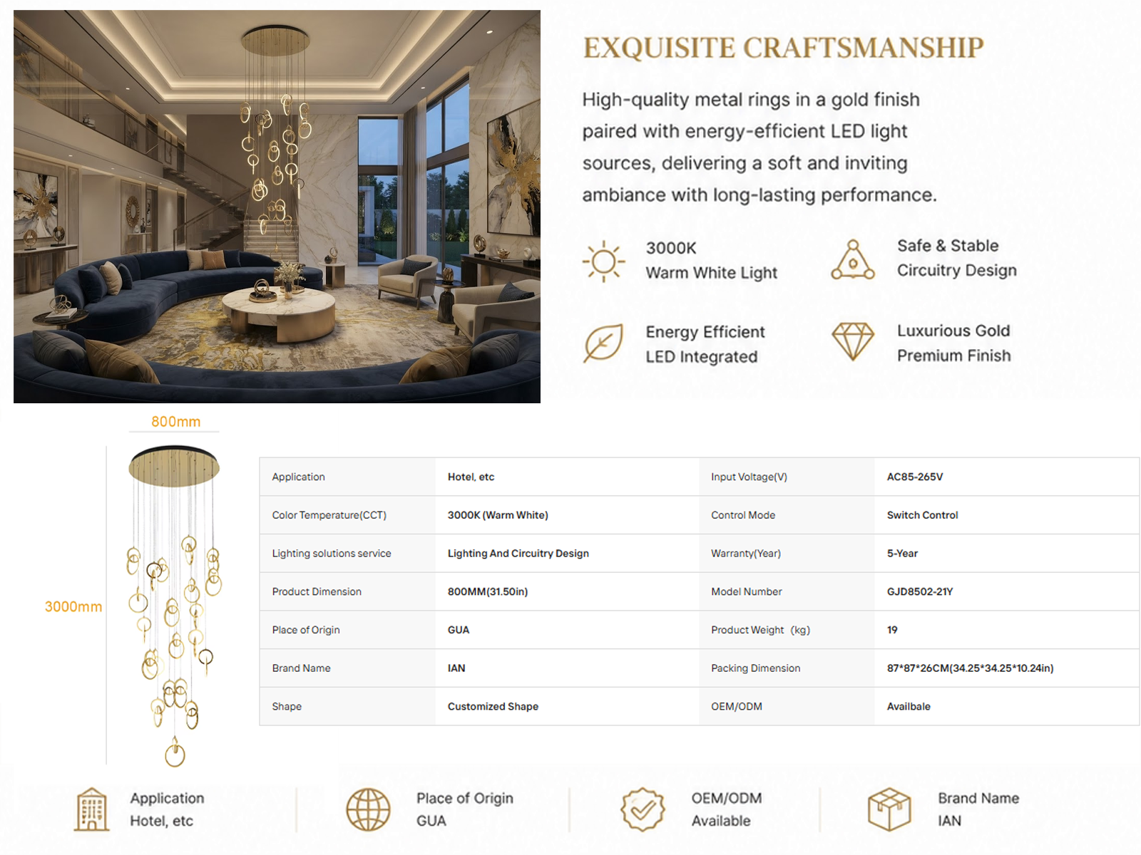 Modern gold stainless steel interlocking ring cascade chandelier suspended in a high ceiling villa foyer