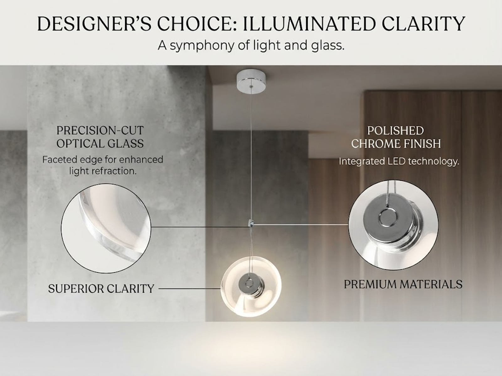 Modern minimalist pendant light featuring a clear crystal disc and polished chrome aluminum core, suspended against a clean white background.