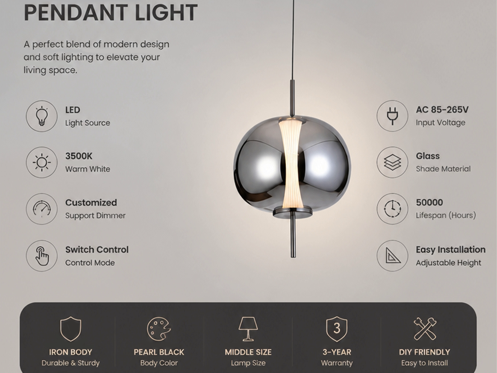 Electroplated smoke mirror glass globe pendant light with gunmetal iron central rod hanging against a neutral background