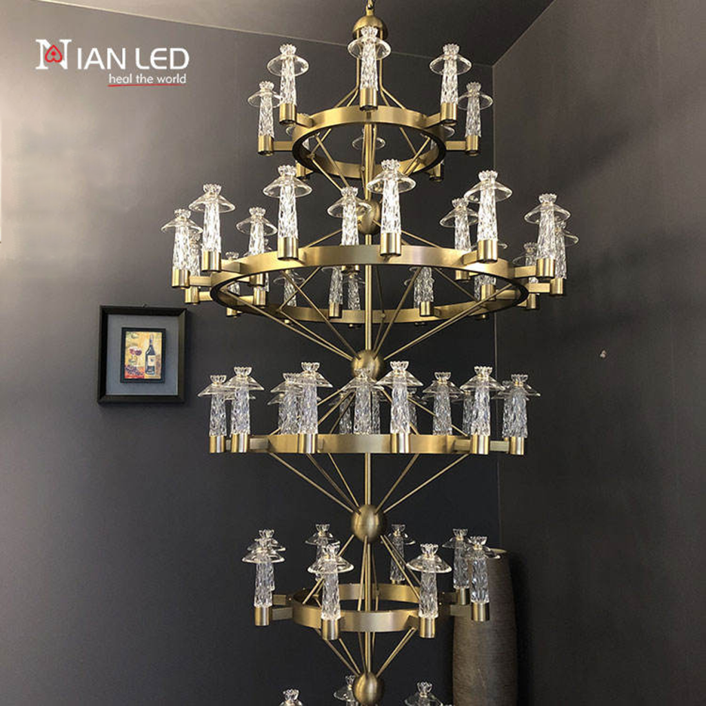 Grand multi-tiered stainless steel and crystal ring chandelier for high ceiling hotel lobby and villa staircase foyer